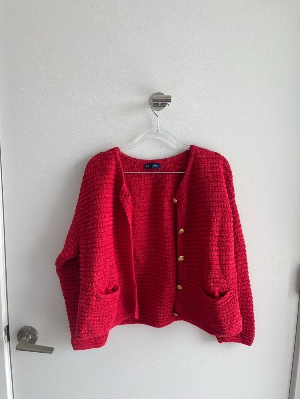 GAP Bright Red Chunky Knit Cardigan with Gold Buttons